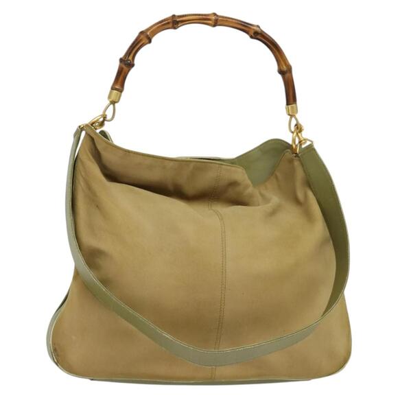 GUCCI Bamboo Shoulder Bag Suede Beige Gold 001 58 001 58 - Picture 1 of 12